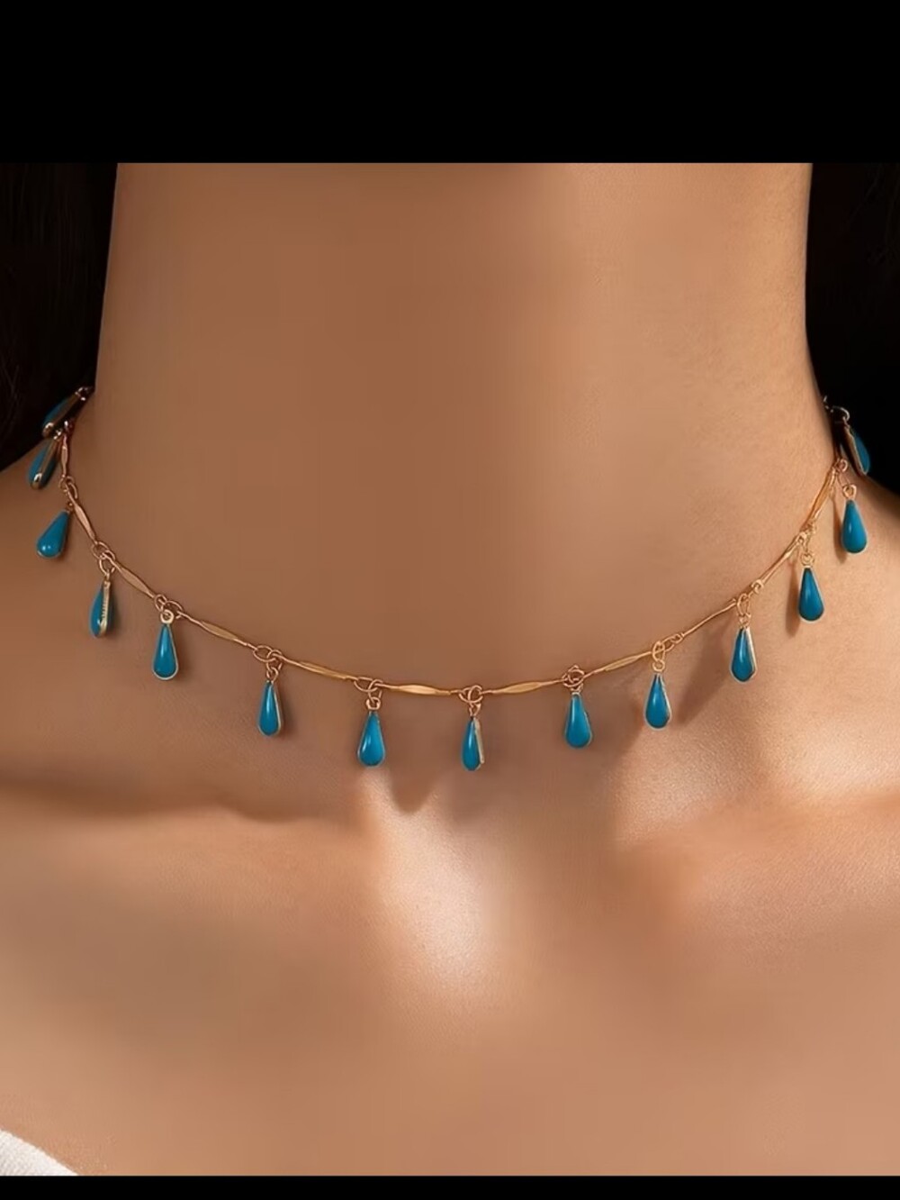 Gold Choker Necklace with Blue Teardrop Charms - Women Jewelry